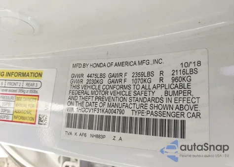 2019 Honda Accord Sport from USA, damaged, VIN 1HGCV1F31KA004790